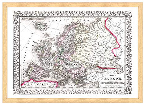 Poster e Stampa con Cornice Moderna - Antica Mappa Europa del 1870 (462) - 70x100cm - Semplice Legno Naturale
