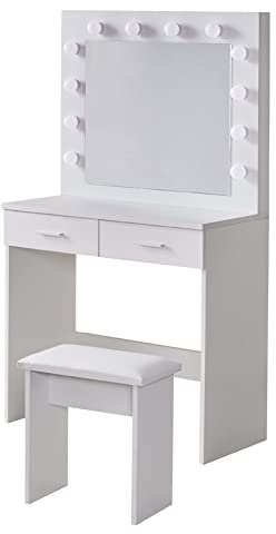 TUKAILAi Toeletta Trucco con Luci LED e Specchio, Toeletta Trucco Salvaspazio con 2 Cassettos, Tavolo da Toeletta con Sgabello Postazione Make Up Design Bianco Moderno 80 * 40 * 140CM