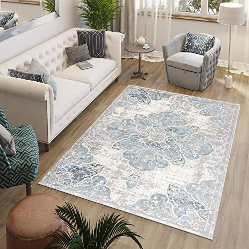 TAPISO Valley Teppich Kurzflor Weiß Grau Blau Vintage Blumen Used Effekt Meliert Verwischt Wohnzimmer Schlafzimmer ÖKO-TEX 160 x 220 cm