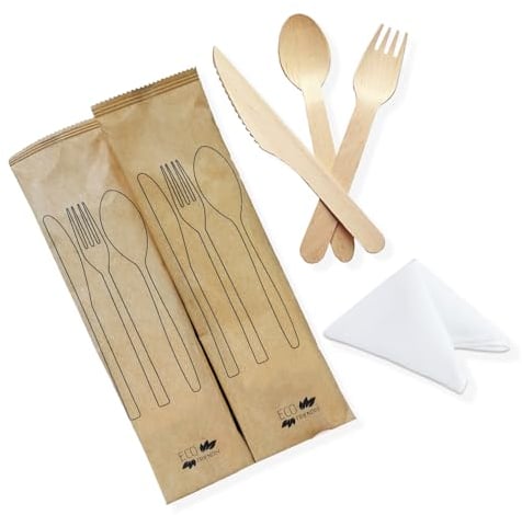HOT BARGANS 500 X Wooden Cutlery Sets Mixed Individually Wrapped Each Set Contains 4pcs Wooden Fork, Spoon, Knife and 2-Ply Napkin