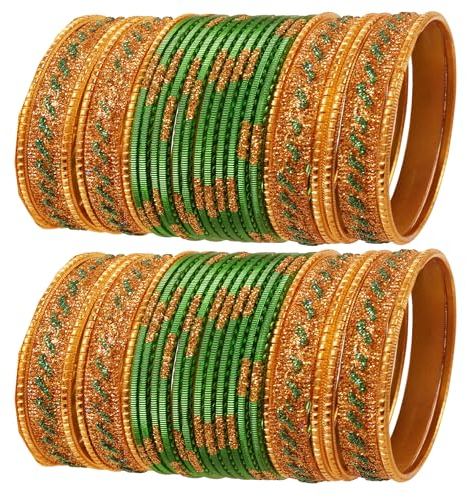 Touchstone NEU Bollywood-Glamour-Mode-Armreif, der das Handgelenk verbessert, goldene Glitzer, Rasengrün-Farbe, Designer-Schmuckarmbänder, Armreif Chura 48er-Set in Goldton für Damen