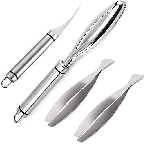 Nuyoah Ecailleur a Poisson Professionnel Grattoir à Écailles Éplucheur Peau Poisson Acier Inoxydable 304 avec 2 Pince à Épiler Fish Bone 1pcs Éplucheurs De Crevettes, pour Cuisine Restaurant