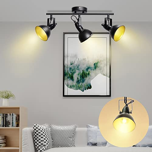 Unikcst 3 Flammig Deckenlampe Retro/Vintage E14 Deckenstrahler Schwarz Schwenkbar Spots Deckenleuchten mit 3er 4W LED Leuchtmittel Warmweiß 230V für Wohnzimmer Schlafzimmer