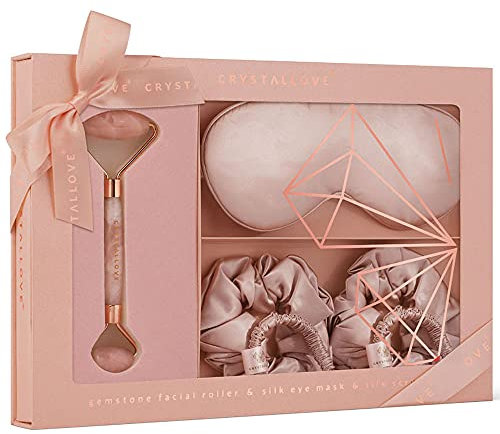 CRYSTALLOVE Rullo per il viso in quarzo rosa + nastro di seta + 4 lacci di seta - Set Home SPA per il viso - benda per gli occhi - bendaggio, massaggiatore - strumento di massaggio