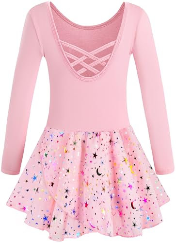 Mulnall Body da danza per ragazze, tutù da danza, per bambini, abbigliamento da allenamento, con spalline incrociate sul retro e paillettes lucide, Manica lunga-rosa, 4-5 Anni