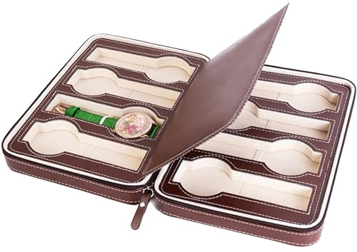 Guolich Uhr Aufbewahrungsbox 8 Slots Uhr Display Display Halter PU-Leder Kohlefaser Schmuck Armband Kollektion Organizer mit Reißverschluss (Braun)
