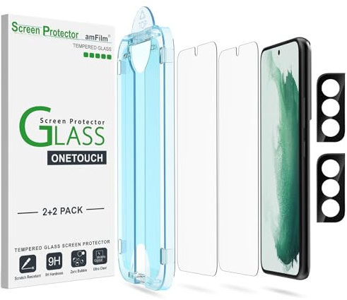 amFilm OneTouch for Samsung Galaxy S22 Screen Protector 6.1 Tempered Glass | Auto-Alignment, 30s Install, Bubble Free, Scratch & Drop Protection, HD Clear, Camera Lens Protector, 2+2 Pack (S22-6.1'')
