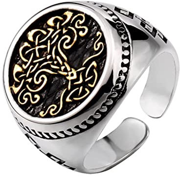Anello da Uomo Vichingo Albero Della Vita con Nodo Celtico in Acciaio Inossidabile, Anello Aperto Regolabile con Mito Norvegese Yggdrasil, Gioielli da Fidanzato Classico con Amuleto Alla Moda, Taglia