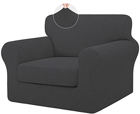 ISSUNTEX 2-teilige Sessel- und Sofabezüge, hochdehnbar, dick, weich, Bezug für Sofa mit 1 separaten Kissen, Jacquard-Stoff, elastischer Bezug, Möbelschutz für Hunde, für Sessel, Dunkelgrau
