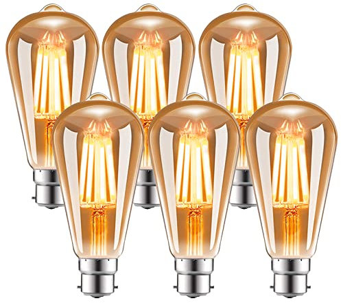 EXTRASTAR 4W ST64 Vintage LED Bulbs, B22 Bayonet Light Bulb, 33W Equivalent, 360LM, 2200K Warm White, Amber Retro Style Energy Saving Filament Decorative Bulbs, No Dimmable, Pack of 6