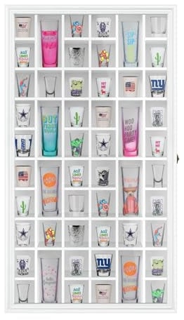 ILOT Shot Glass Display Cabinet Solid Wood - Large Display Case for Collectibles | Man Cave Accessories | UV Protection Acrylic Door | Wall Mounted Black Shadow Box | 52 Divided Slots | 32x17White