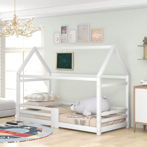 ADIBY Kinderbett Hausbett mit Schornstein Rausfallschutz Kinderbett Holzbett für Kids Robuste Lattenroste Kiefernholz Haus Bett vielseitiges Holz Kinderbett 90 x 200 cm