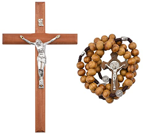 CRAFFANCY Kreuz-Set mit Kruzifix, Halskette aus Holz mit Kreuz Zum Aufhängen, Wandkreuz, Katholisches Kreuz mit Rosenkranz aus Holz, Jesus holzkreuz für Innendekoration, Kommunion