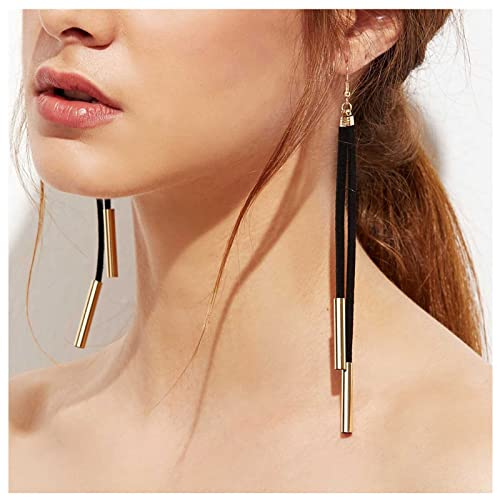 Allereya Boho Leder Fransen Ohrringe - Schwarz Wildleder Quaste Lange Tropfen Tribal Schmuck für Frauen und Mädchen