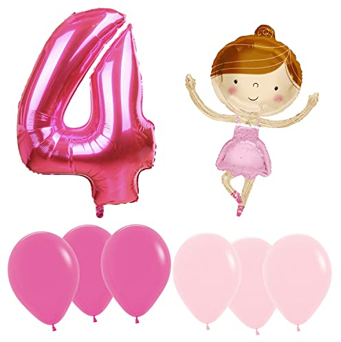Ballonset Ballerina 3 er Set Ballerina Folienballon, Zahl 4 in pink, 6 Latexballons (Rosa, Pink)