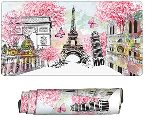 Paris Eiffelturm Mauspad lang erweitertes XL Gaming European City Mousepad große übergroße Schreibtischunterlage genähte Kanten, 74,5 x 39,8 cm