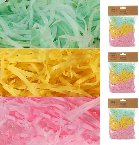 sourcing map Ostern Gras Korb Füllstoff Gras 3 Farbe (Grün Gelb Rosa) Raffia Recycelbarer Papierschnipsel Füllstoff für Geschenk Verpackung Osterkorb Füllung und Party Dekoration- 3 Pack