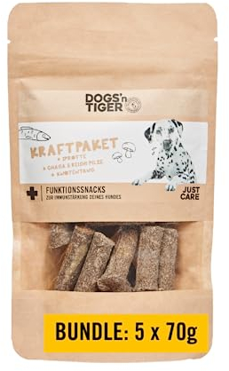 Dogs'n Tiger – “Kraftpaket” Hunde Snack zur Immunstärkung – artgerechte Hundeleckerlis mit Sprotte, Knotentang, Chaga & Reishi Pilz – ohne Zucker, Getreide & künstliche Aromen (5 x 70g)