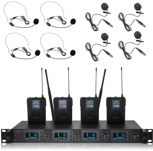 Wireless Lapel Microphone System 4 Lavalier Mic with UHF 4 Channel 4 Bodypack 4 Headset Mics for Karaoke Church Speaking Conference Meeting Party