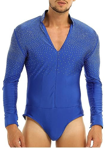 Choomomo Herren Body Transparent Tanz-Body Hemdbody Latein Standard Langarmshirts Trikot Jazz Tango Overalls mit Druckknopf Gr. L-XXL Königsblau M