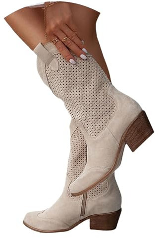 tinetill Stivali Donna Stivaletti classici in pelle scamosciata Stivali a punta con tacco basso Stivali medi in pelle scamosciata traforata Donna Autunno Inverno Scarpe Stivali lunghi