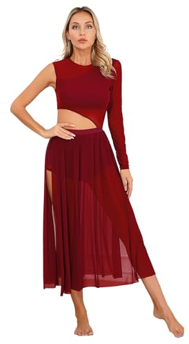 Agoky Damen Latein Tanzkleider Mesh Spleiß Ballettanzug Cut-Outs Ballett Trikot mit Langem Ballettrock Seitenschlitz Modern Walzer Kleider Burgundy S