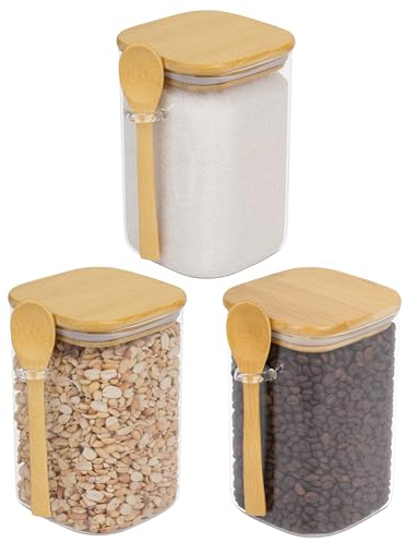 Winter Shore Viereckige Vorratsgläser mit Deckel und Löffel aus Bamboo Lids (3er-Pack) - 1,2 l Vorratsglas mit Deckel Luftdicht - Overnight Oats Gläser für Reis, Gewürze, Nudeln & Kaffee