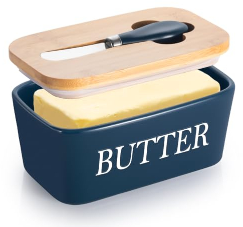 Osrioal Butter Dish with Lid, 650ml Ceramic Butter Dish, Porcelain Butter Container with Silicone Seals Cover and Knife, Ceramic Airtight Butter Keeper for Counter (Dark Blue)