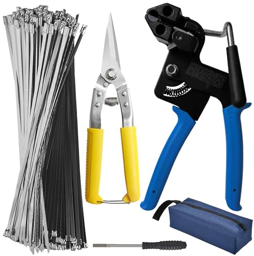 Kit pistola per fascette in metallo, pinza per fascette in metallo per tendere e tagliare le fascette in acciaio inox con 150 pezzi di fascette metalliche nere e argento da 4,6 x 300 mm