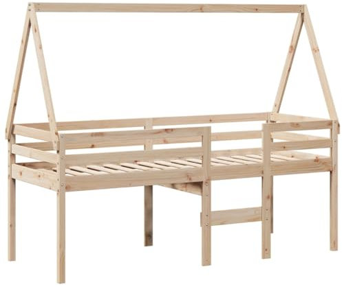 vidaXL High Sleeper Bed with Roof - Solid Pine Wood Frame 75x190 cm - Loft Bed for Kids' Bedroom - Open Side Door - Includes Ladder & Guardrails - Assembly Required