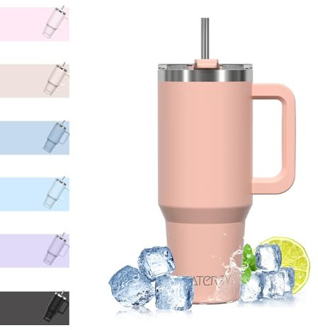WATERSY Travel Mug Coffee Cup 30oz Tumbler Straw Lid and Handle, Stainless Steel Double Wall Vacuum Insulated Coffee Water Bottle Thermal for Cold Hot Coffee 891ml Pink