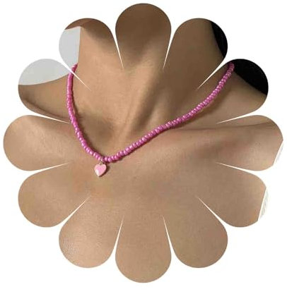 Dervivea Boemia Rosa Perline Collana Catena Piccolo Cuore Forma Collana Girocollo Smalto Amore Cuore Ciondolo Collana Seme Perline Girocollo Collana Riso Perline Catena Neckalce Gioielli Per Le Donne