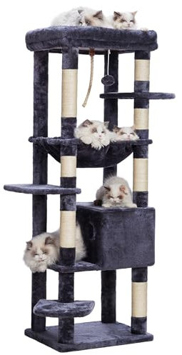 Heybly Arbre à Chat pour Gros Chats 20 lbs (9 kg) Résistant, Tour XXL 152 cm pour Chat d'Intérieur, Meuble Multi-Niveaux avec Plateforme en Peluche, Panier Doudou, Condo HCT050G