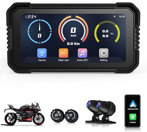 KooDux 6,25'' Motorrad CarPlay Bildschirm, Wireless CarPlay & Android Auto, mit Front- und Heck-Doppelkameras, Fernbedienung, Reifendruckerkennung, BT Trans, Loop-Aufzeichnung, GPS-Navigation