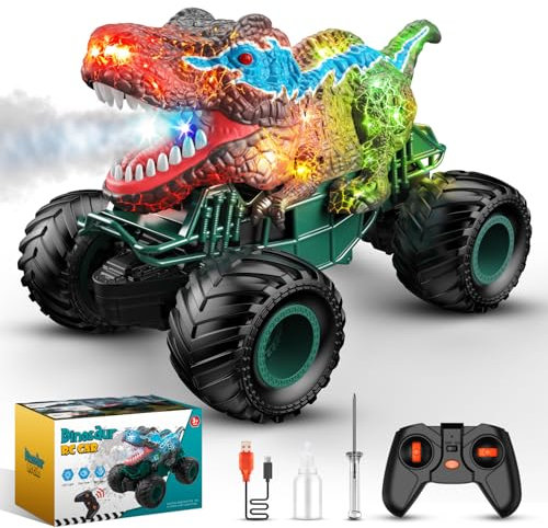 HappyGoLucky Voiture Telecommandé Enfant, 2.4GHz Monstertruck Dinosaure RC de Pulvérisation, Lumière, Sonores de Dinosaures, Rechargeable, Tout Terrain, Camion Cadeau Noël Jouet Enfant 3-9 Ans Garçon