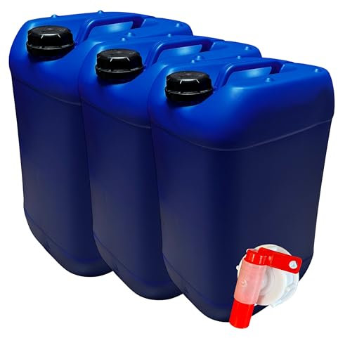 Lot de 3 Bidons Plastique Bleu 25 L litres avec Bouchon Hermétique DIN 61 et 1 Robinet Verseur – PEHD Résistant pour Liquides Alimentaires et Chimiques – Réutilisable et Durable - Jerry can Jerrycan