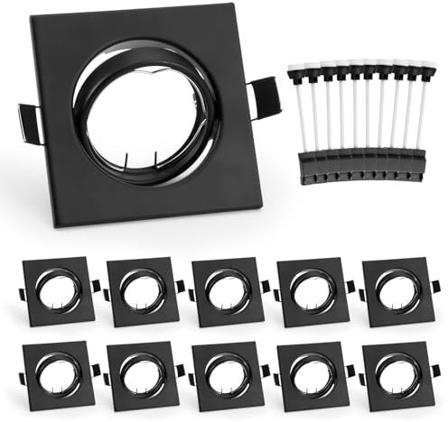 Leselux Einbaustrahler GU10 Set, 10x Einbaurahmen Schwarz Eckig, Einbaustrahler Rahmen Schwenkbar 60°inkl. GU10 Fassung für LED, Halogen Leuchtmittel, Einbauleuchten Rahmen Lochdurchmesser 68-80mm