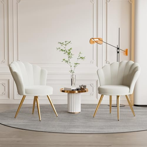 Aivermeil Esszimmerstühle Samt • Muschelsessel mit Rückenlehne & Armlehnen • Schminktisch Stuhl • Polstersessel Elegant • Akzentstuhl mit Gold Metallbeinen Accent Chair • Weiß x 2