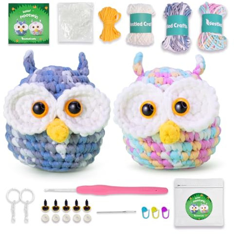 NestledCrafts Häkelset, Komplettes Häkelsets für Anfänger Erwachsene, Strickset, Weiches Garn, Eisstreifenlinie, Geschenk zum Geburtstag, Schritt-für-Schritt Videoanleitung, Anleitung(Hootwin)