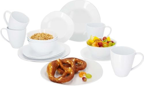 BERGER Sevilla Geschirr Set 16-tlg. | Modernes Tafelservice für 4 Personen | Leicht bruchunempfindlich & pflegeleicht | RPET-Material | mit Essteller Dessertteller Schüsseln Henkelbecher (weiß)
