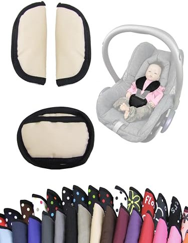 Gurtpolster [Polster-Set für Babyschalen] Autositze Kinderwagen universal Schulterpolster Set 3 Pads Gurtbezüge (beige)