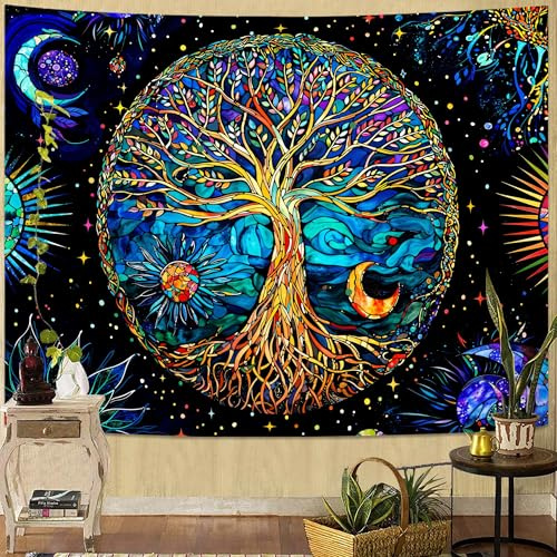 Spenlife Tapisserie motif arbre de vie en vitrail pour chambre à coucher, tapisserie colorée à suspendre pour chambre à coucher, salon, art mural et décoration d'intérieur 70 x 90 cm