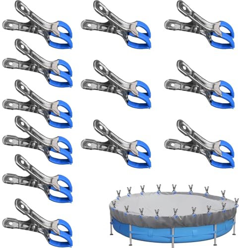 Lot de 12 Pince Bache piscine en métal pour piscine hors sol, pince a ressort avec film de protection, pinces pour bache piscine à forte force de serrage(pinces en métal double bouche)