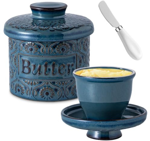 Occzin - Beurrier français en céramique avec ligne d'eau - Cloche à beurre en porcelaine avec couvercle - Beurrier pour la fraîcheur et la capacité de tartiner - Récipient à beurre