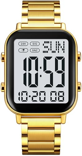 findtime Digital Uhren Herren Digitaluhr Große Ziffern Senioren Business Digitale Armbanduhr Männer Metallarmband Luxus Uhr LED Dualzeit Datum 12/24H Stoppuhr