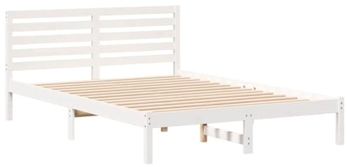 vidaXL Bettgestell mit Kopfteil Weiß 140 x 210 cm Massivholz Kiefer, Moderner Kiefernholz Plattformbett, Stabiler Rahmen für Matratze, minimalistisches Design, modernes Schlafzimmermöbel