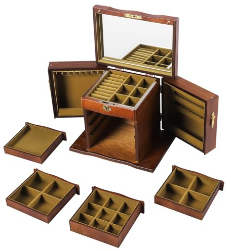 LKHDONG Boîte à bijoux, en bois, avec serrure, 5 couches + 2 armoires rabattables, style vintage, boîte à bijoux, polyvalente (serrure à clé)