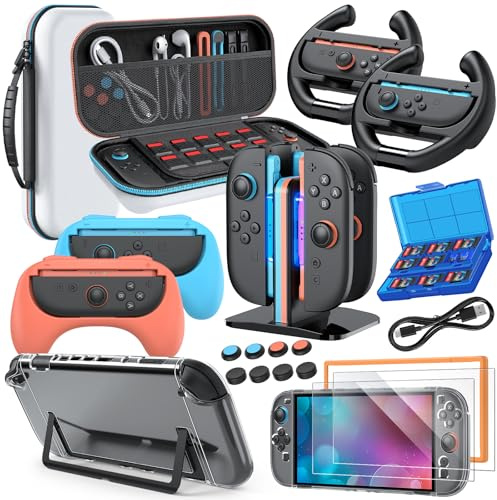 Étui Accessoires pour Nintendo Switch, Kits 20-EN-1: Etui de Transport | Station de Recharge & Poignées pour Joy Con, Volants pour Mario Kart, Coque de Protection pour Switch 2 Manette &Console