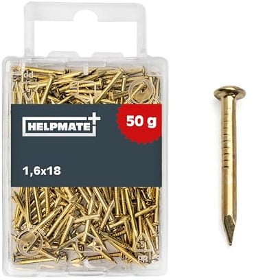 HELPMATE – Rundkopfstift 1,6x18 mm vermessingt – 50 Gramm | Drahtstifte aus Stahl – Nägel zum Einschlagen – Für Holzverbindungen & Bastelarbeiten