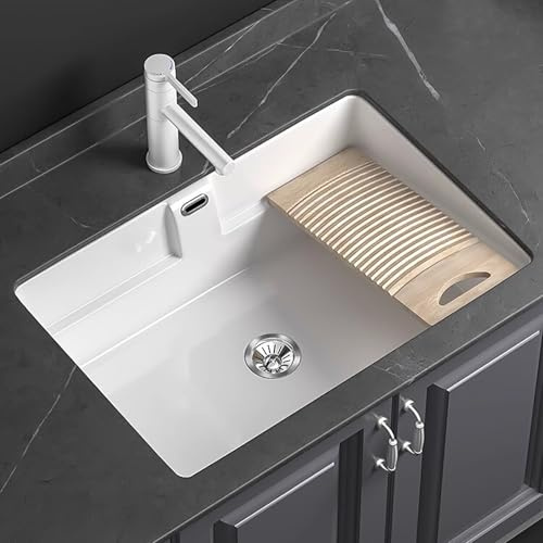 Lavabo Bajo Encimera, Lavabo Baño de Cerámica, Pila Lavadero con Tabla de Lavar Desmontable y Grifo Extraíble, para Baños y Balcones(60x44.5cm/23.6x17.5in)